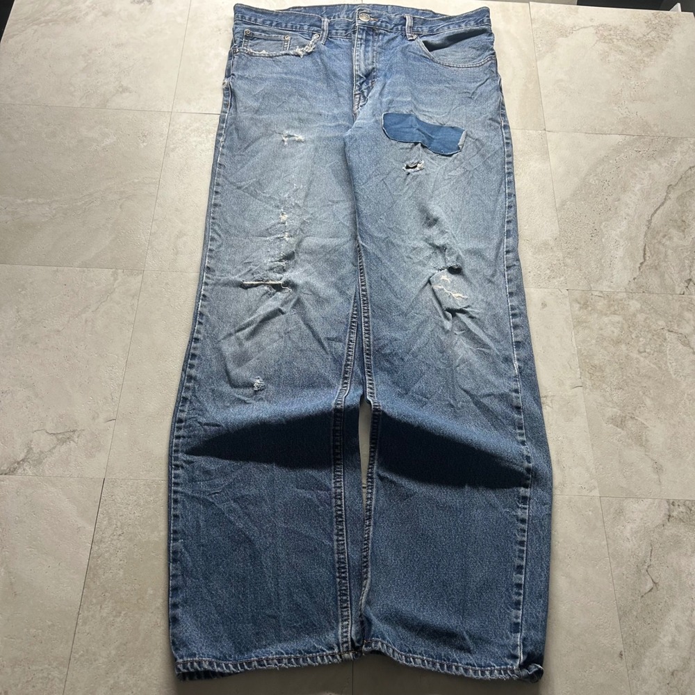 Basic Editions Baggy Distressed Repaired Jeans Blue Mens 36x34 Streetwear Denim